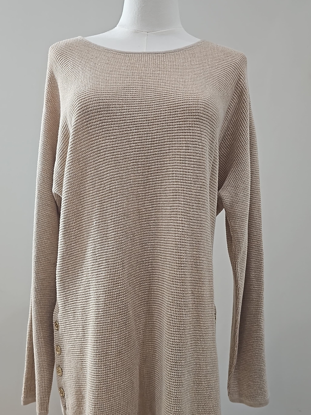 Michael Kors Sweater Size M Beige Oatmeal Dolman Side Button Gold Logo Oversized